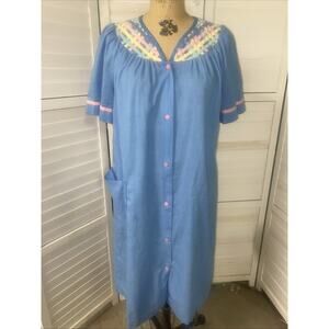 LOUNGE AROUND Muumuu Lounge Patio House Chambray Dress Ribbon Blue Sz Large